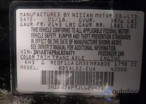 2018 Nissan Sentra Sv z USA, uszkodzony, nr VIN 3N1AB7AP9JL624471